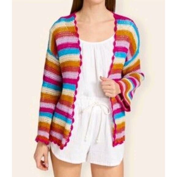 New Xirena Womens Large Carsyn Crochet Cardigan Sweater Rainbow Striped - Picture 1 of 10